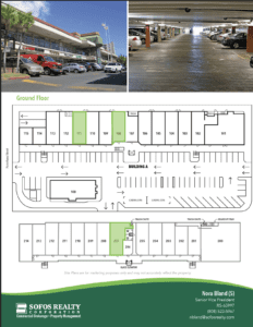 Commercial property flyer with exterior and parking garage photos, plus a ground floor layout showing parking spaces, suite numbers, and labels for building A and trash chutes.