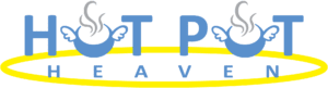 Logo for "Hot Pot Heaven" featuring blue letters, two steaming bowls with wings as "O"s, and a yellow oval halo surrounding the word "Heaven" below.