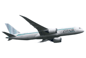 A ZIPAIR airplane in flight against a white background, showing the aircraft's side view and distinct livery.